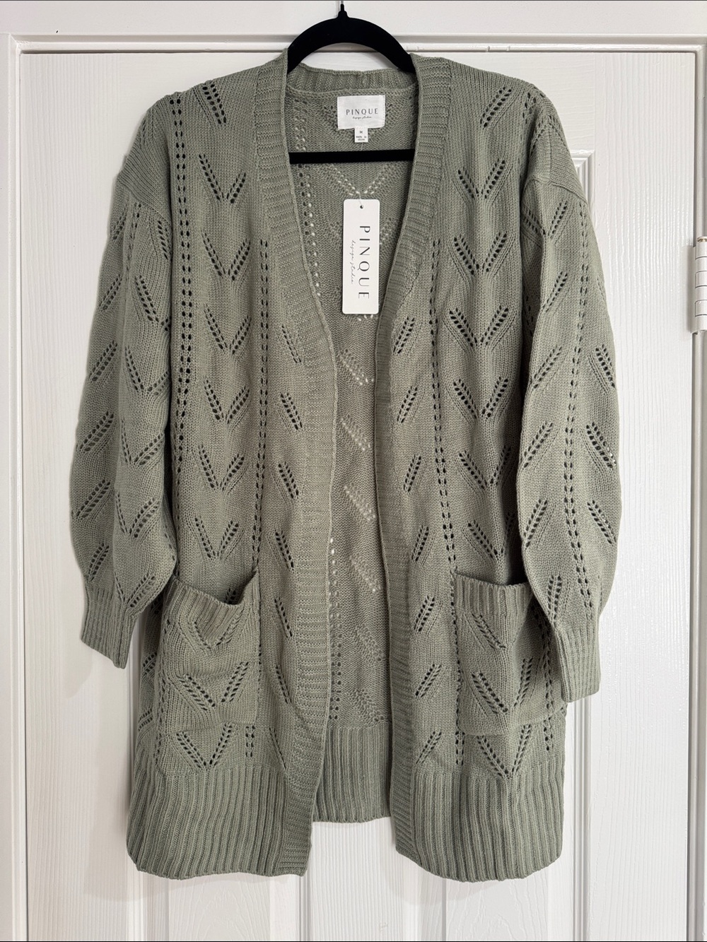 Pinque Open-Front Pointelle Sage Cardigan — Medium